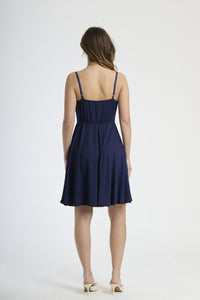 Vestito elegante navy, silhouette slim con scollatura a V e fianchi svasati