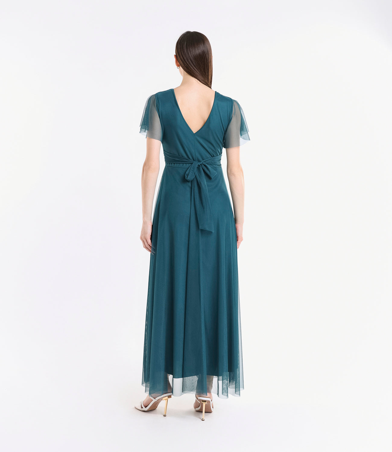 Abito ottanio laccio vita, tulle trasparente, design esclusivo, per serate sgargianti