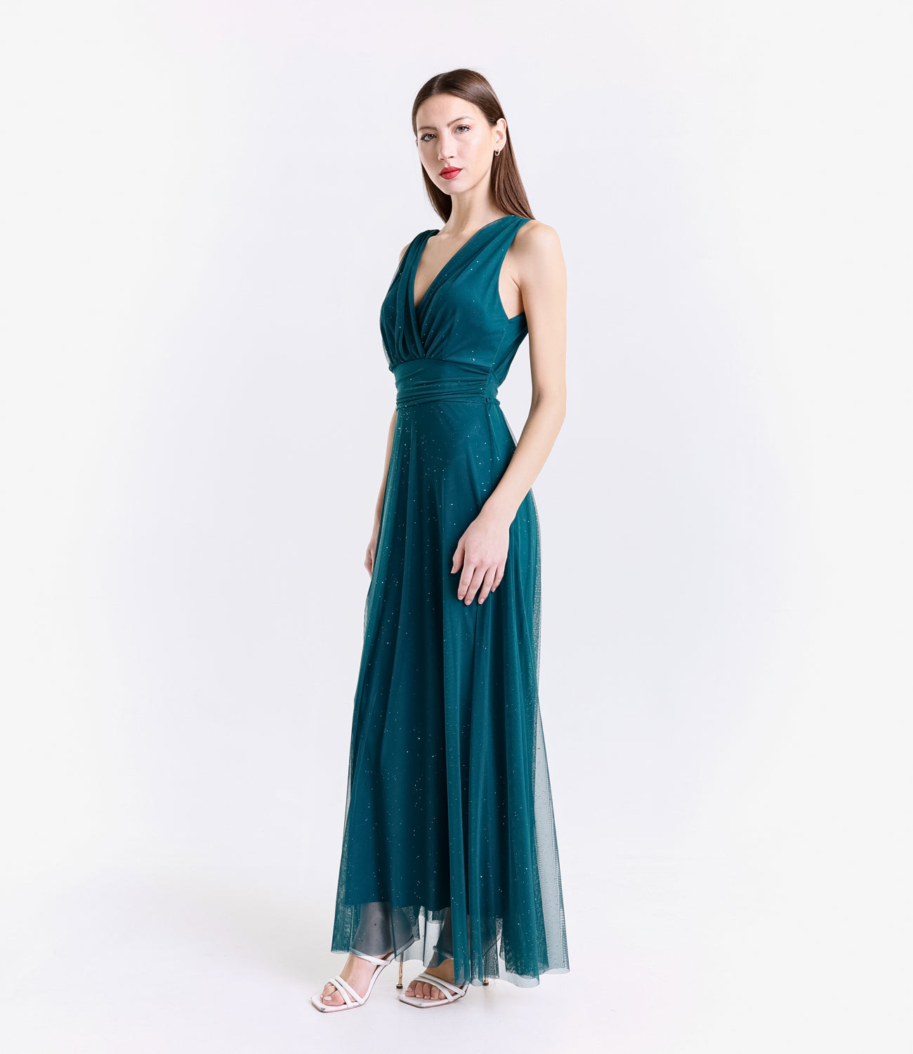 Vestito elegante ottanio constile drapé e gonna fluida