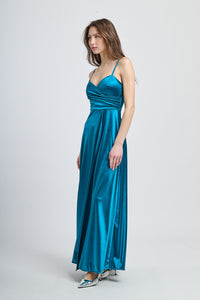 Vestito formale ottanio, design senza spalline con drappeggi laterali e apertura leggera