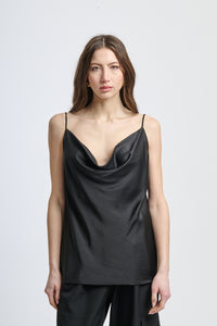 Canotta nera in seta concollo drappé sofisticato