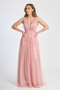 Abito rosa baby con scollo a V, eleganza delicata per formali occasioni