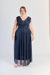 Vestito navy a V - neck, tessuto liscio, perfetto per eventi formali invernali.