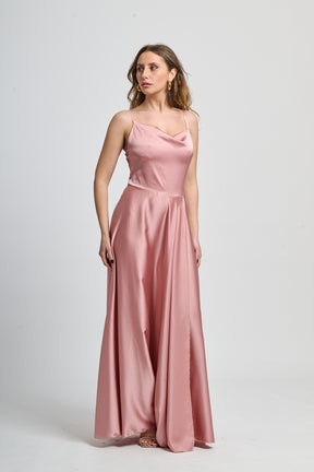 Abito da cerimonia rosa antico con design spalline sottili e gonna romantica