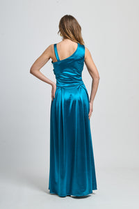 Abito elegante ottanio, tessuto satinato con drappaggi glamour