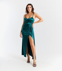 Rochie maxi Beatrice din satin drapat cu crăpătură laterală