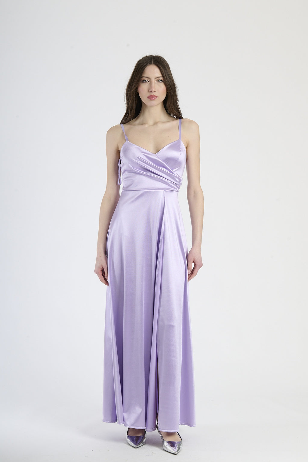 Vestito formale lilla, design senza spalline con drappeggi laterali e apertura leggera