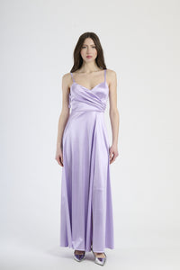 Vestito formale lilla, design senza spalline con drappeggi laterali e apertura leggera