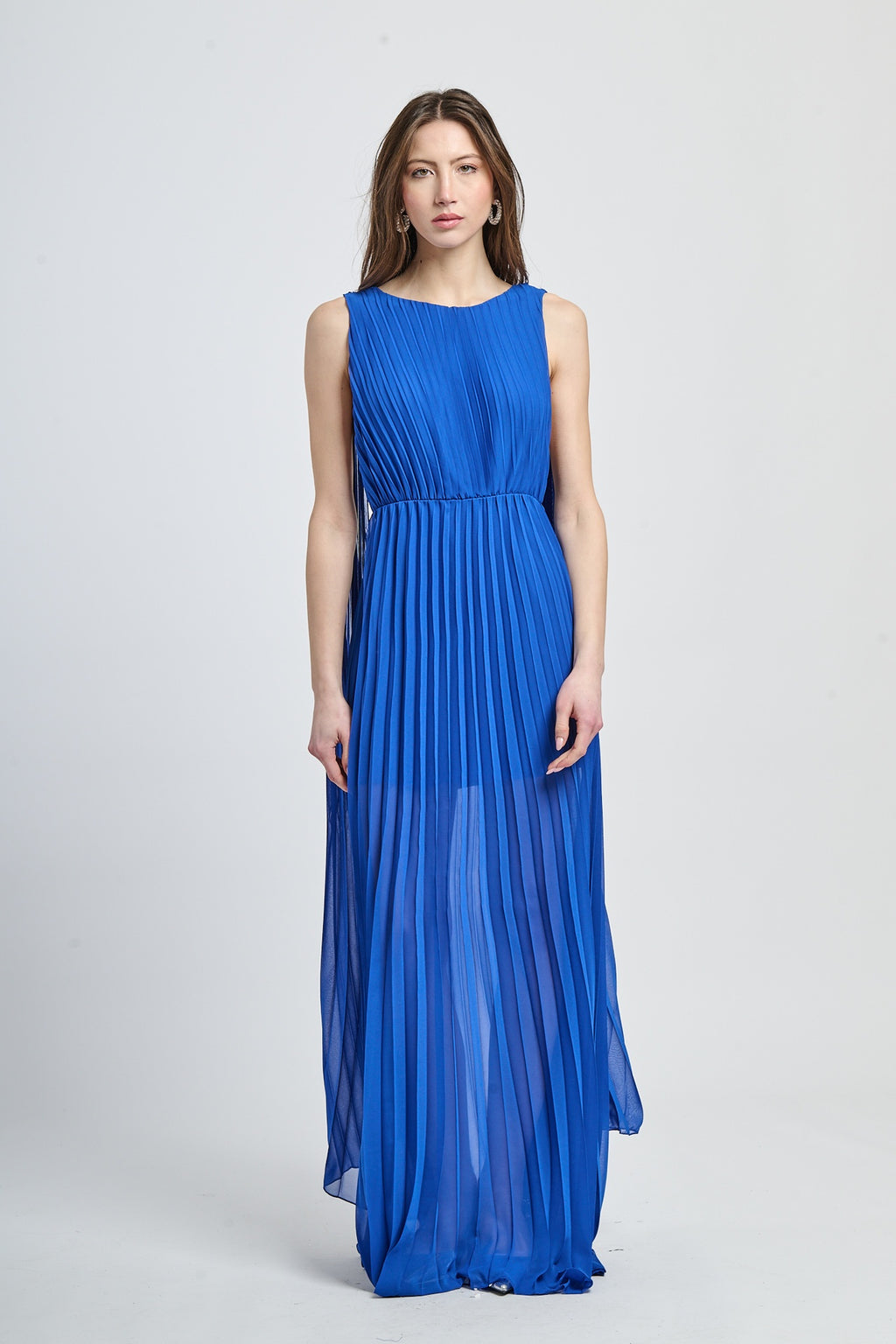 Abito elegante bluette con apertura dorsale e falda ampia fluida