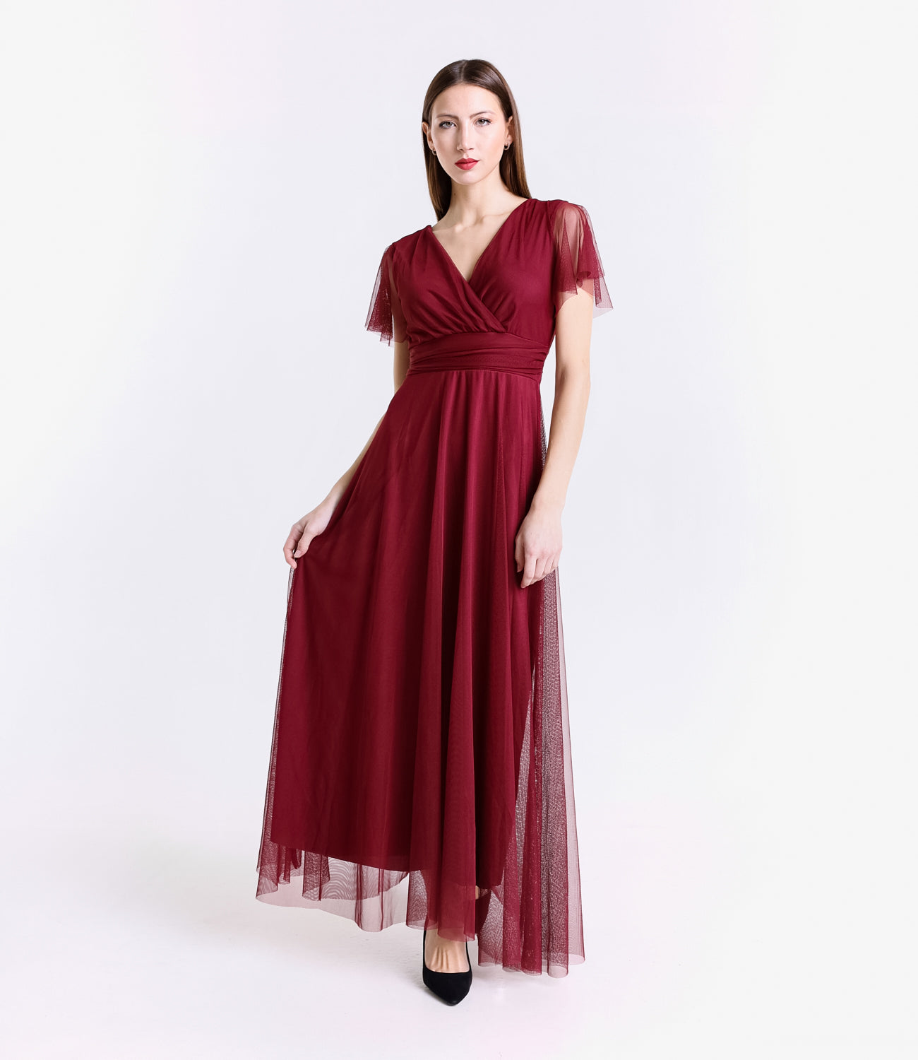 Vestito vino fluido, waist cinto, lunghezza maxi, per eventi lussuosi