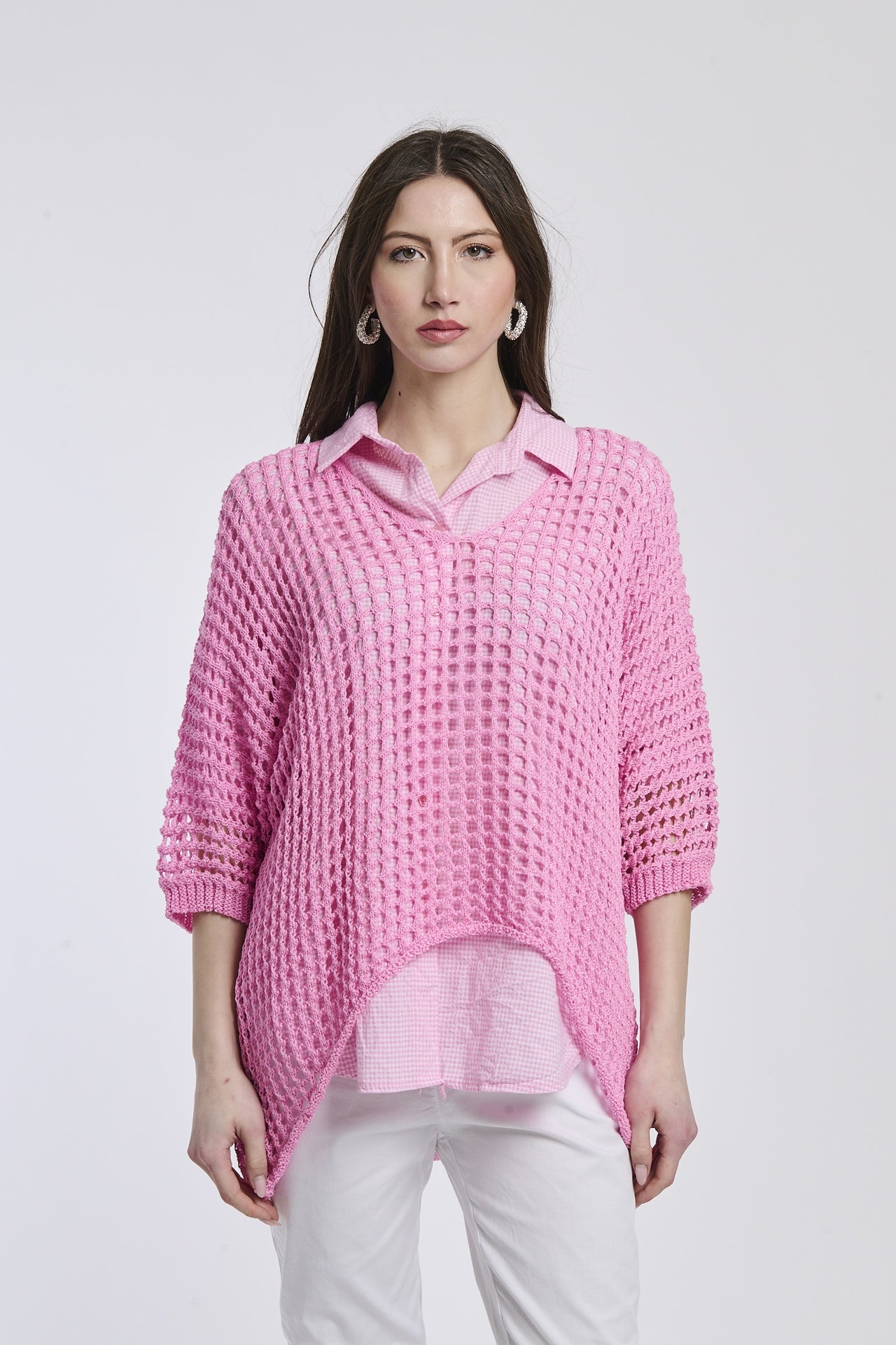 Maglione rosa baby in cotone bio, colletto e finitura eco - friendly