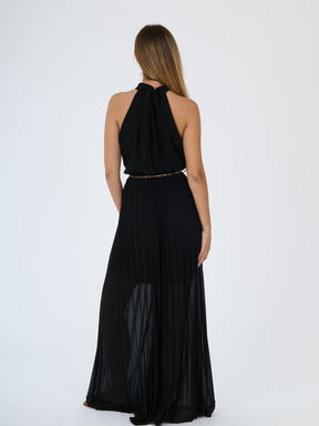 Tuta “Celestea” – Jumpsuit Plissé con Girocollo e Cintura a Catena