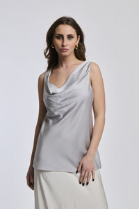 Canotta argento senza spalline concollo drappato riflessante