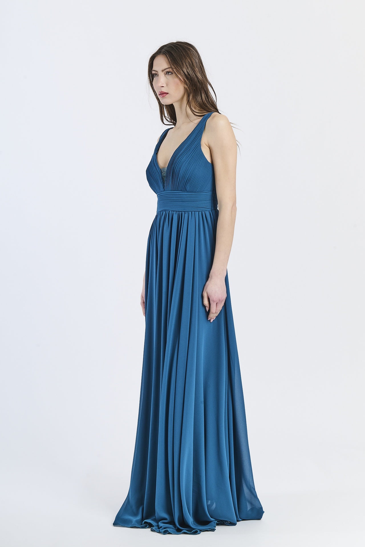 Abito formale ottanio in tulle, ideale per occasioni glamour