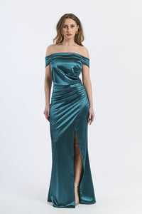 Abito lungo ottanio in raso affascinante, scollo a spalline nude e gonna con slittino, design unico