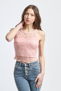 top corto in pizzo rosa, senza spalline e con scollatura tonda