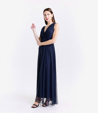 Vestito navy da serata concollo a V e drappaggio elegante