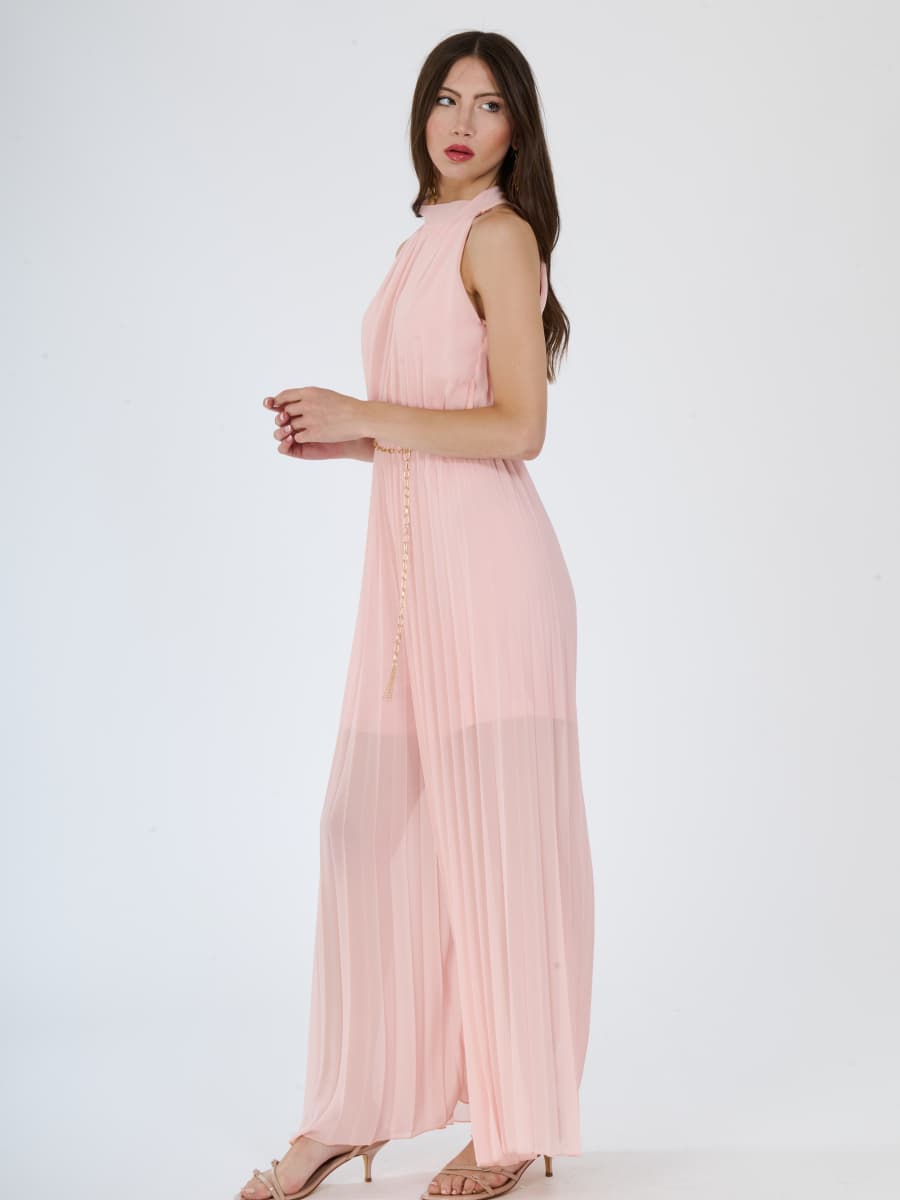Tuta “Celestea” – Jumpsuit Plissé con Girocollo e Cintura a Catena