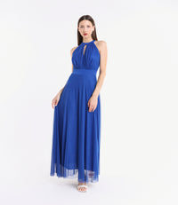 Abito bluette elegante, design halter, gonna fluida, pianta verde decorativa