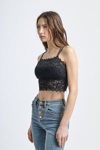 Canotta elegante nero, tessuto traslucido con motivi floreali
