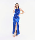 Abito elegante bluette in raso, scollo a collo alto e falda con fessura