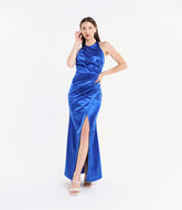 Abito elegante bluette in raso, scollo a collo alto e falda con fessura