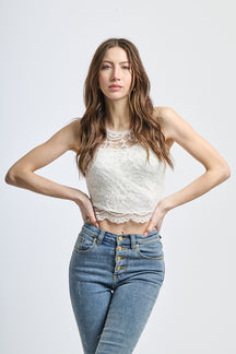 Top corto in pizzo bianco, senza spalline e con scollatura tonda