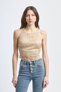 Top estivo in pizzo beige, silhouette slim con bordi a zigzag