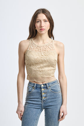 Top estivo in pizzo beige, silhouette slim con bordi a zigzag