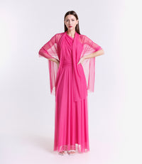 Vestito formale fuxia, design monospalla con dettagli plissé e apertura leggera