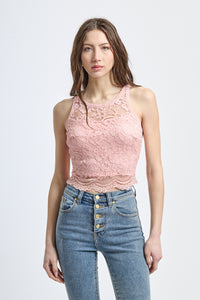Top estivo in pizzo rosa, silhouette slim con bordi a zigzag