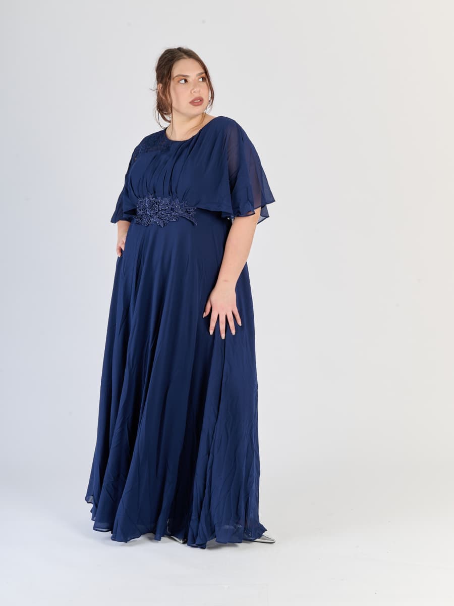 plus size Blu scuro con drappeggi sul busto e finitura brillante