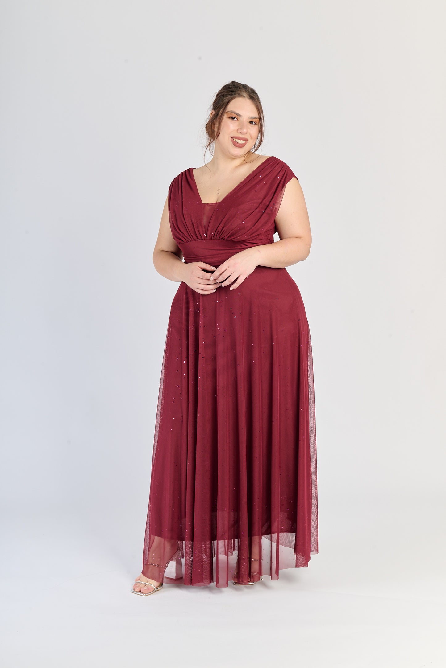 Vestito vino a V - neck, tessuto opaco, perfetto per eventi autunnali formali.