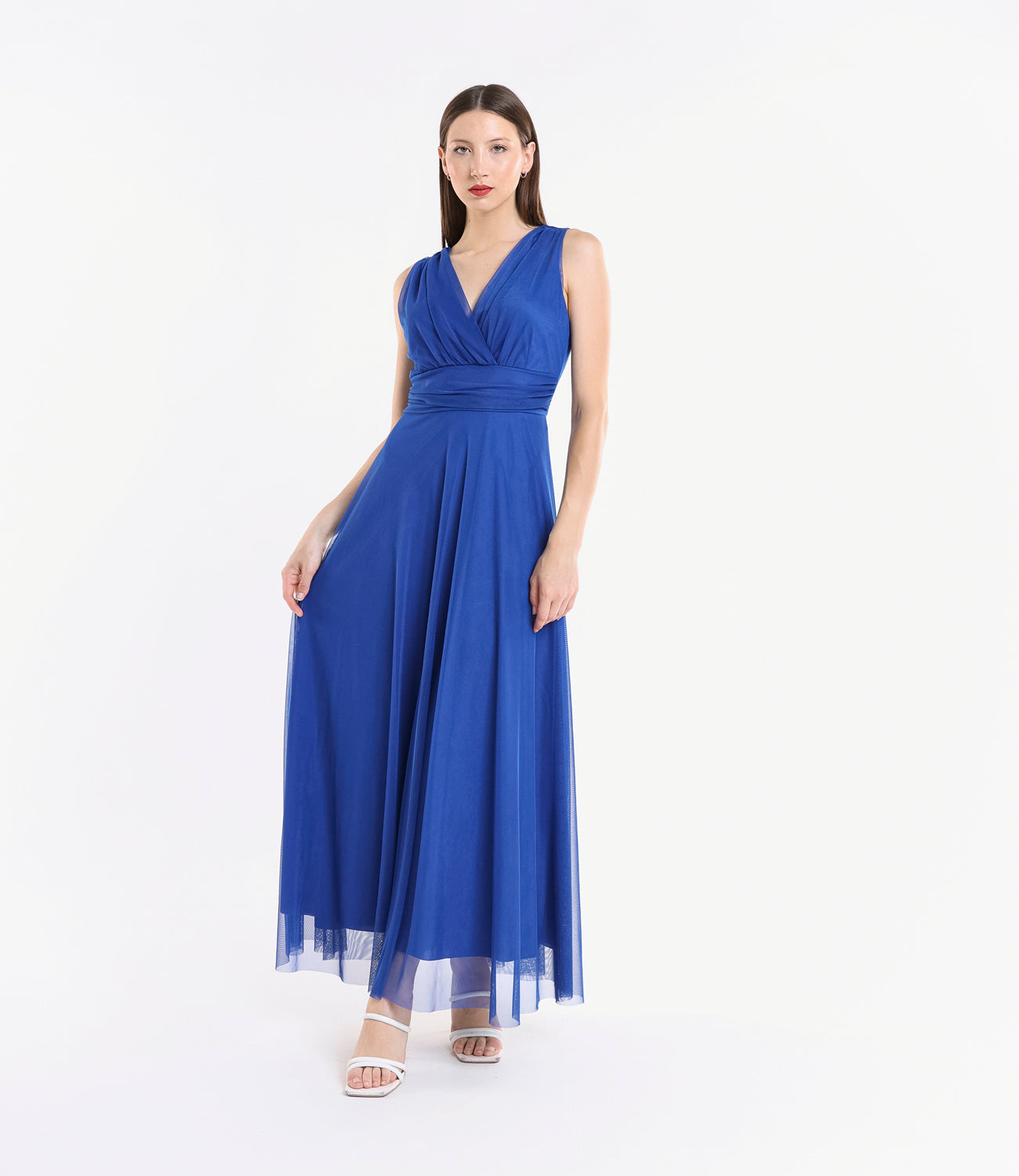 Vestito bluette da serata concollo a V e pizzo soffice