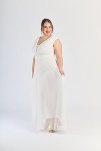 Vestito bianco a V - neck, tessuto lucido, perfetto per eventi formali notturni.