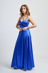 Vestito formale bluette, design senza spalline con drappeggi laterali e apertura leggera