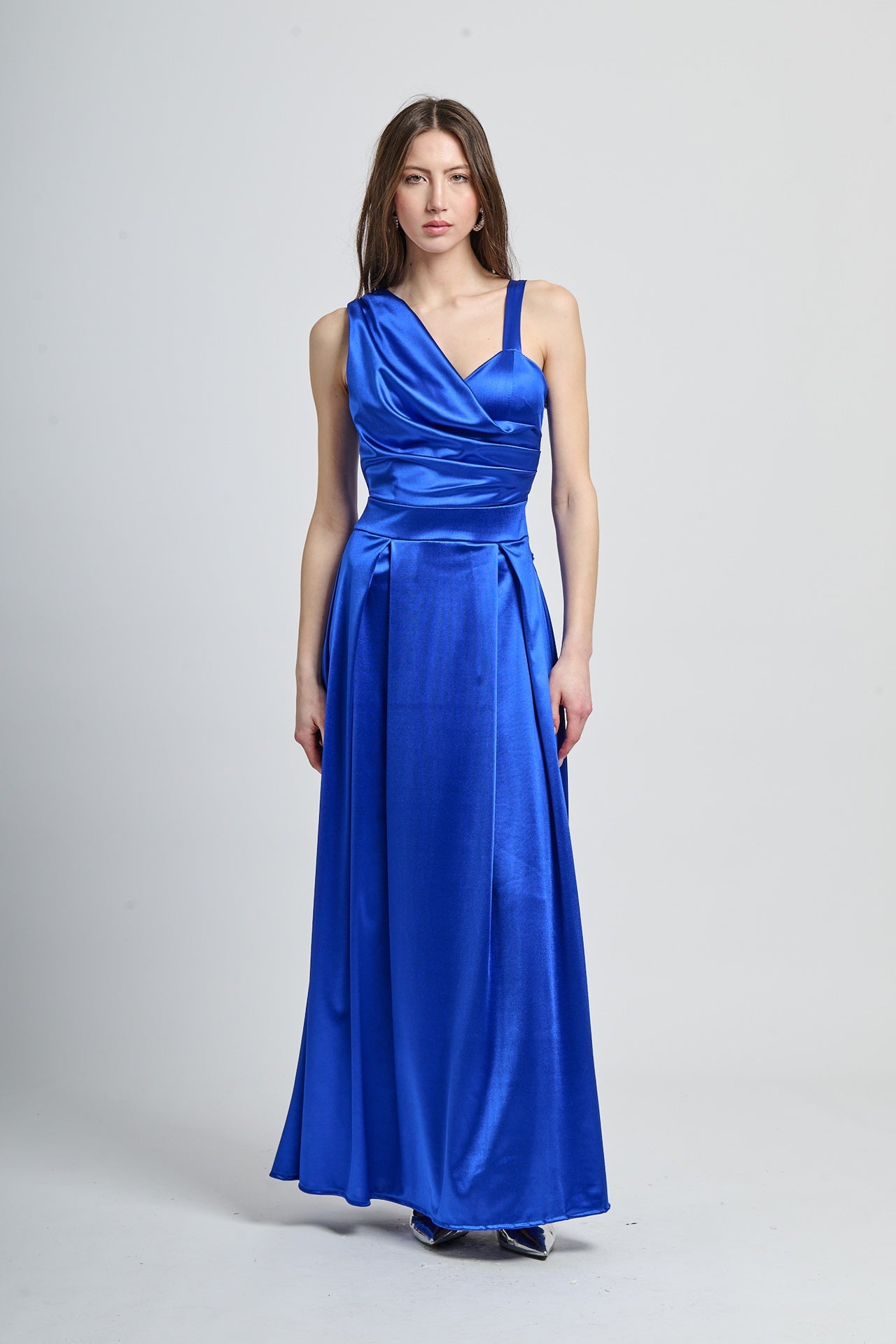 Abito elegante bluette, tessuto satinato con drappaggi cool