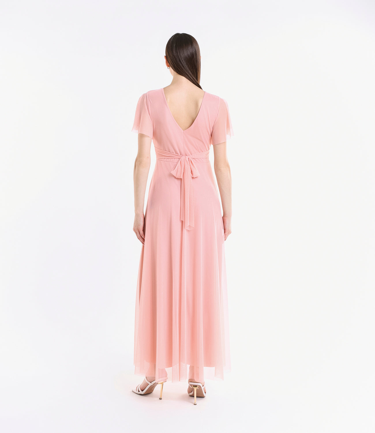 Abito rosa laccio vita, tulle trasparente, design femminile, per eventi estivi