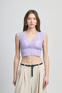 Top estivo lilla in pizzo, tessuto traslucido con motivi intricati