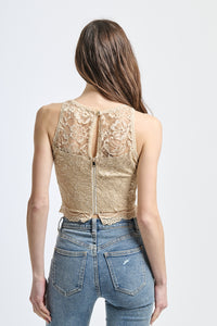 Canotta elegante in pizzo beige, taglio cropped con dettagli floreali