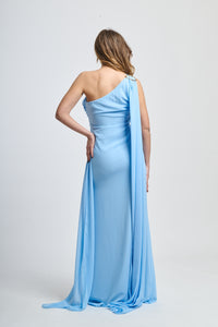  Abito elegante azzurro, drappato, spalla unica, ideale per cerimonie o feste.