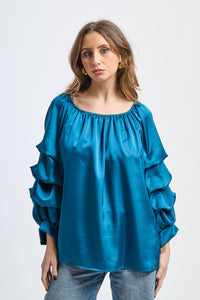 Blusa ottanio a spalla nuda, maniche ruffle, taglio oversize, stile raro