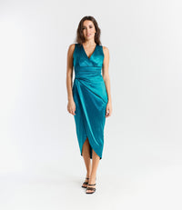 Abito ottanio in raso affascinante, scollo a V profondo e falda con fessura