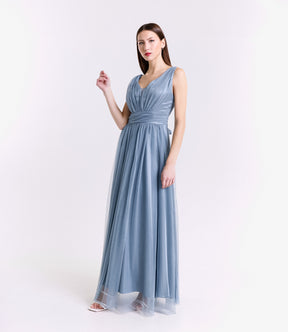 Abito lungo grigio senza maniche, perfetto per eventi formali e bridal party