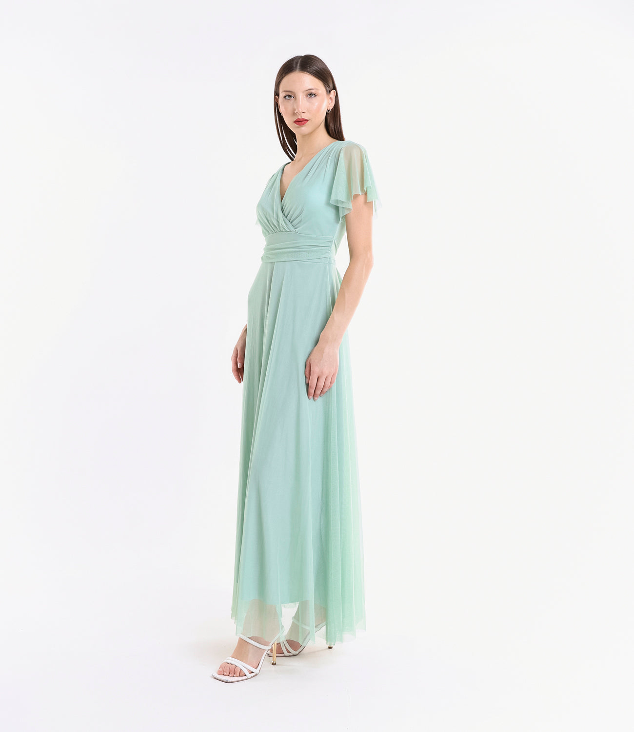 Tulle salvia elegante, scollo profondo, maniche ruffle, atmosfera rinfrescante