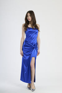 Vestito lungo in raso bluette, strapless con nodo e spacco laterale