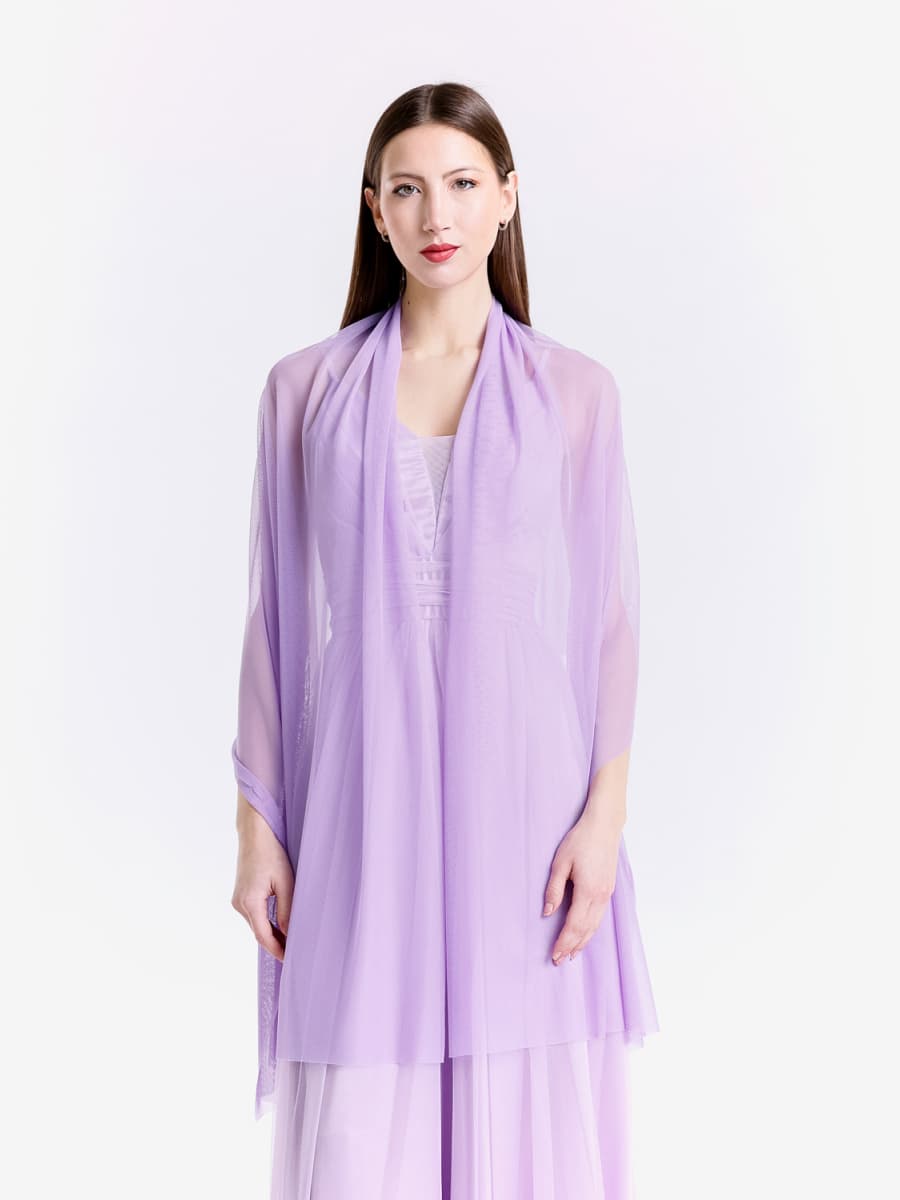 Ensemble lilla: gown a fondale e cardigan chiffon, stile romantico e delicato