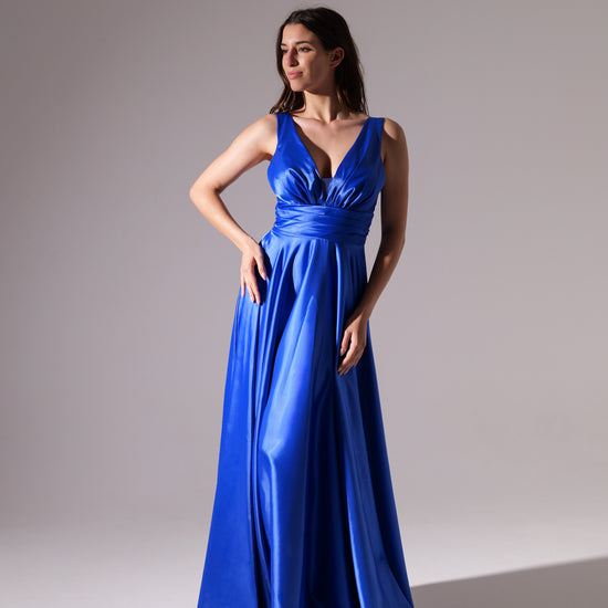 Abito lungo blu in seta, colletto a V, per occasioni formali
