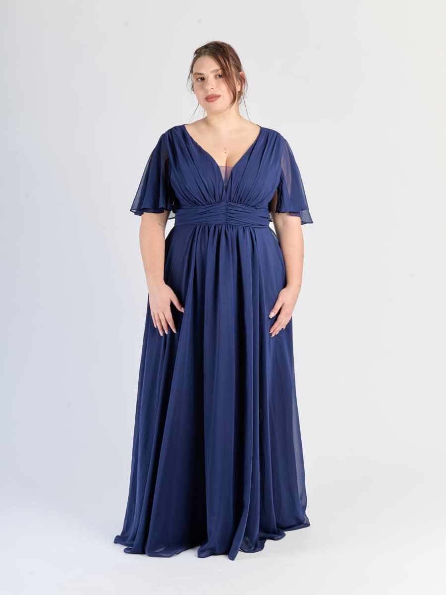 Navy con drappeggi delicati sul busto e tessuto opaco